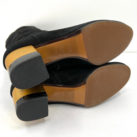 FENDI Boots Womens 38.5 Black Suede Knee High Tall Block Heeled Shoes Gold - Picture 8 of 13